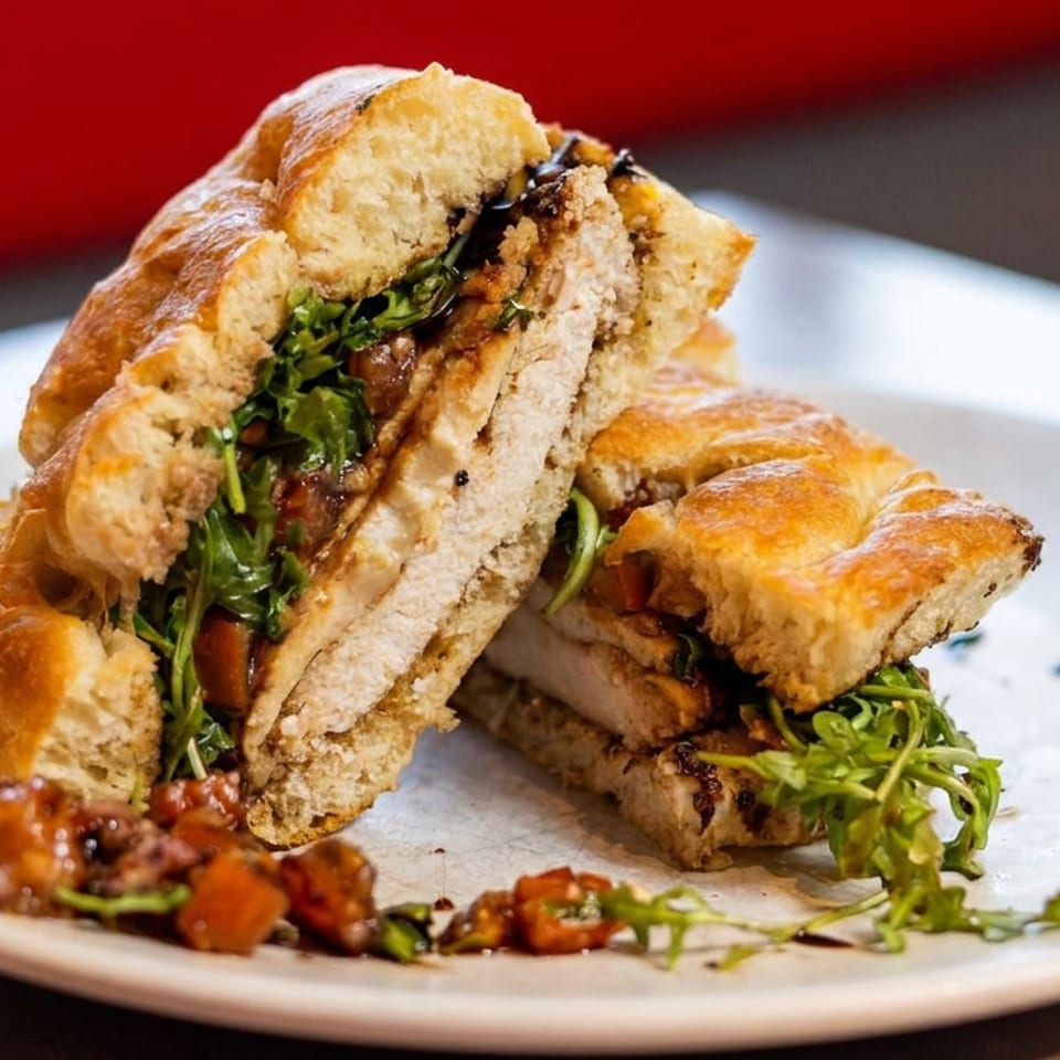 Stacked sandwich with golden pastry bread, savory filling, leafy greens, and roasted vegetables on a white plate.