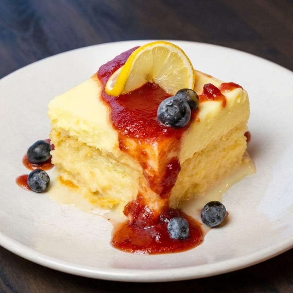 Slice of lemon cheesecake topped with strawberry sauce, blueberries, and a lemon wedge on a white plate.