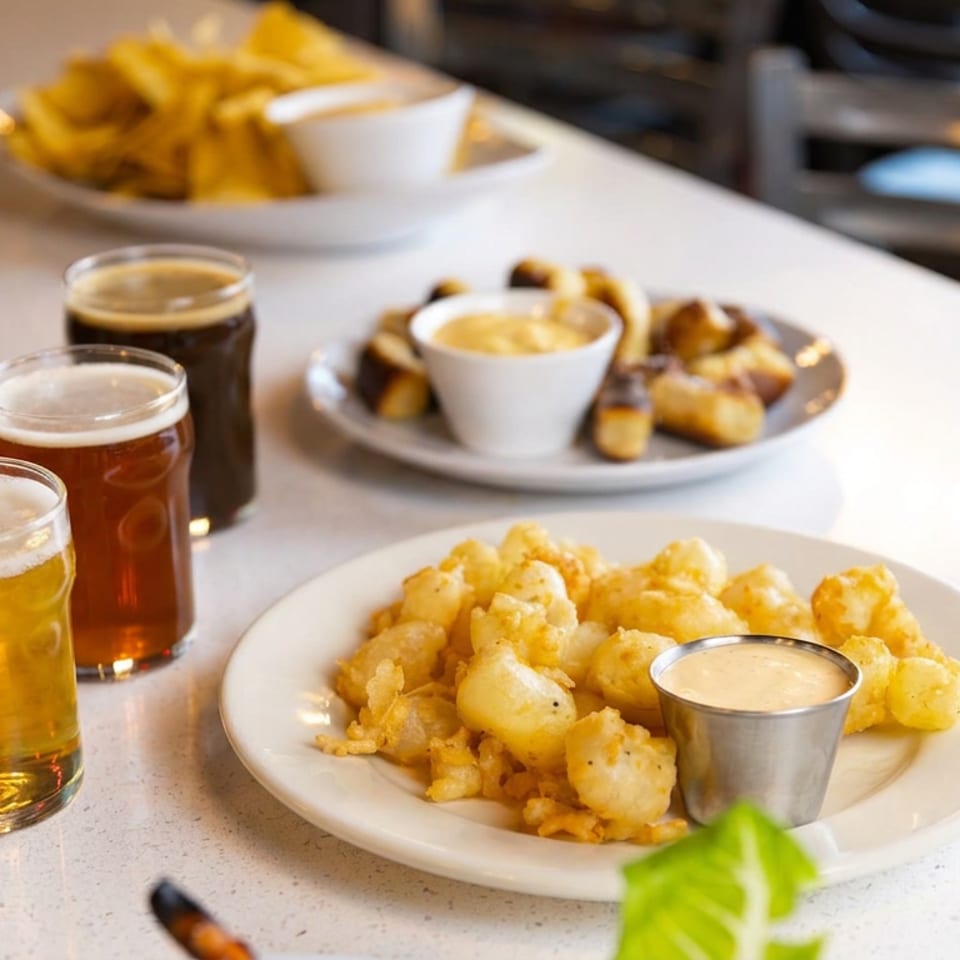 Plates of golden fried seafood with dipping sauces alongside three glasses of beer on a restaurant table.