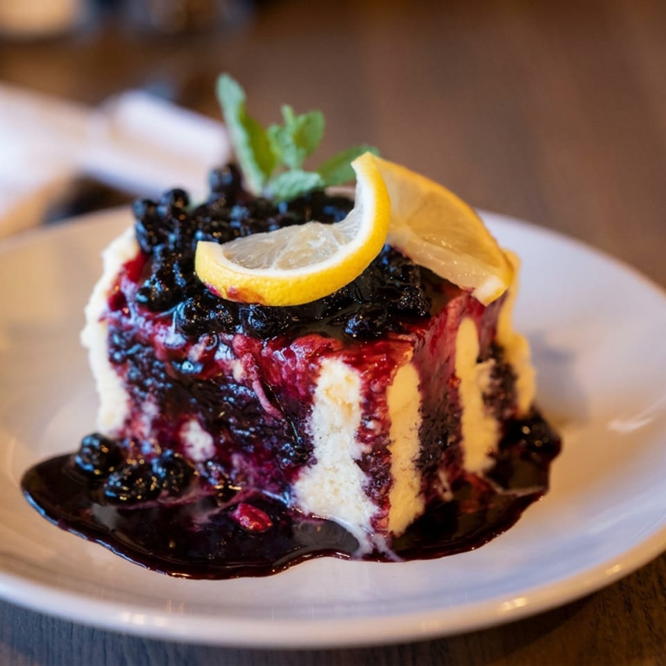 Layered berry dessert topped with lemon slices and mint, served on a white plate with berry sauce.